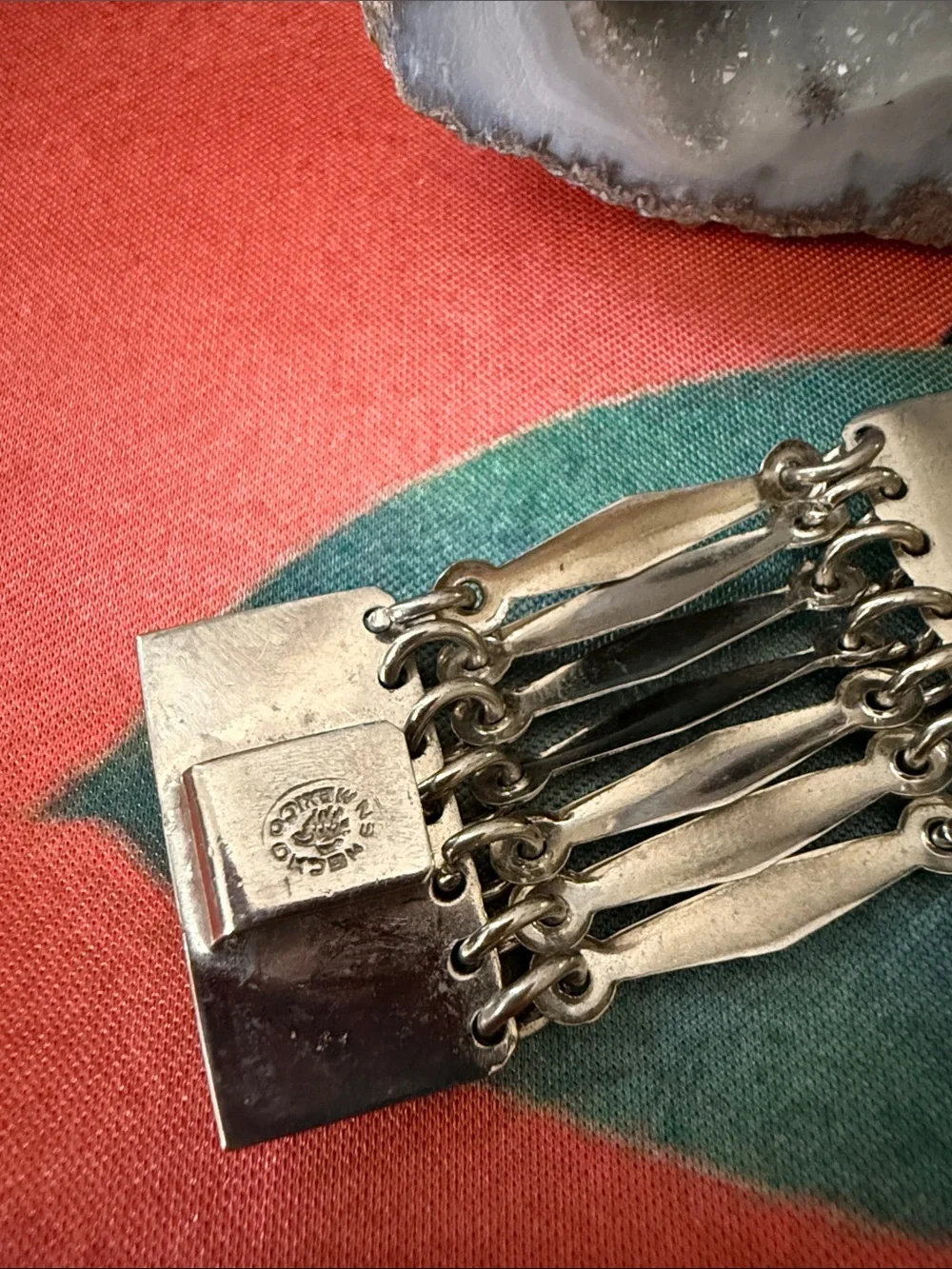 Mexico Art Deco Wide Panel Link Bracelet Signed Bohemian